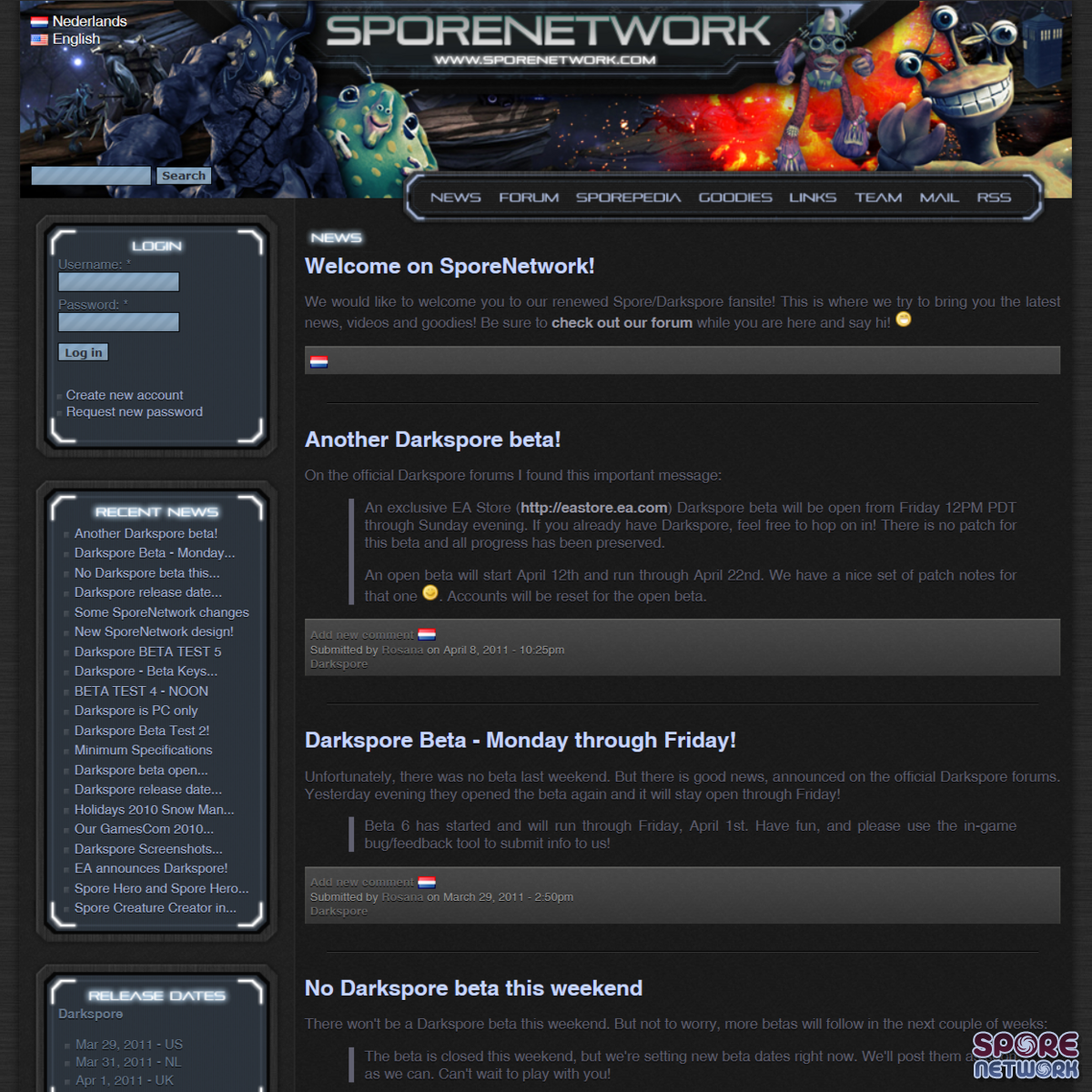 SporeNetwork around 2011, Darkspore era